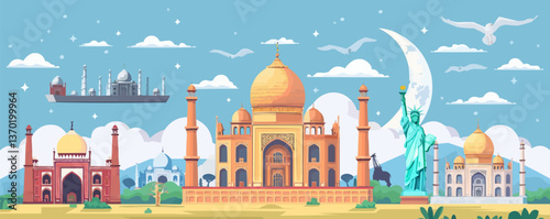 World landmarks and spacecraft in a dreamy landscape, flat icons set, vector.