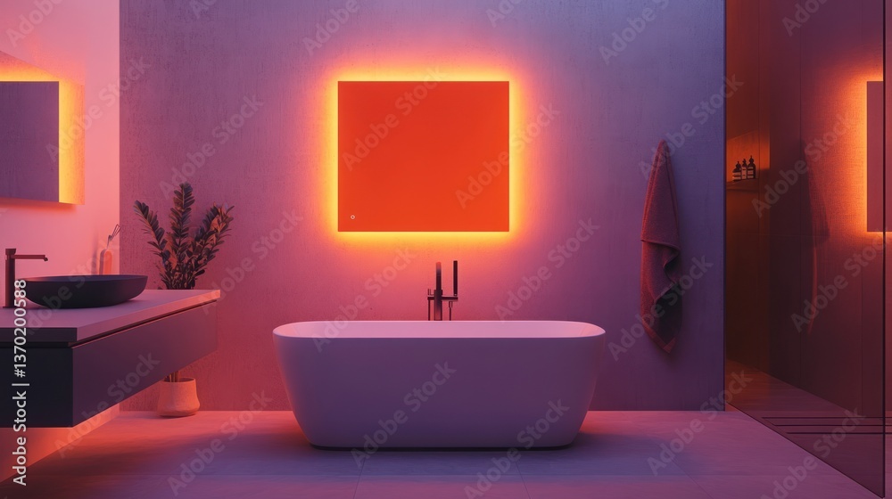 Modern Bathroom with Illuminated Mirror and Bathtub