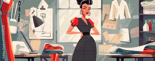 Fashion designer workspace with clothing patterns and tools icons set, flat vector.