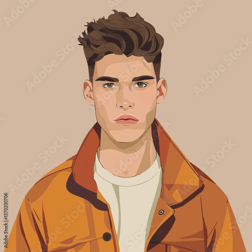 Young man in stylish jacket with short hair, flat style icons set, vector.
