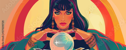 Mystical fortune teller with crystal ball and tarot cards - flat icons set, vector style.
