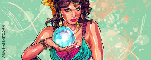 Mysterious fortune teller with crystal ball, flat icons set vector.