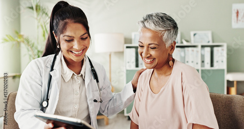 Smile, doctor and senior patient on tablet in office for good news, research and online results of diagnosis. People, digital and healthcare report, insurance checklist and treatment plan and medical