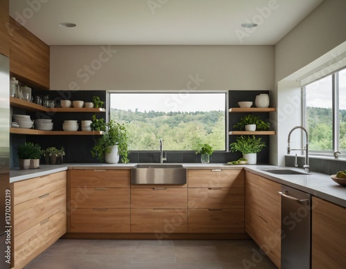 Modern minimalist kitchen with sleek cabinetry, marble countertops, and stainless steel appliances, featuring natural light streaming through large windows, showcasing open shelving with stylish decor