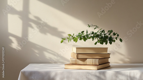 A serene interior still life with hardbound books stacked asymmetrically on a white cloth table, a delicate sprig of greenery balancing above