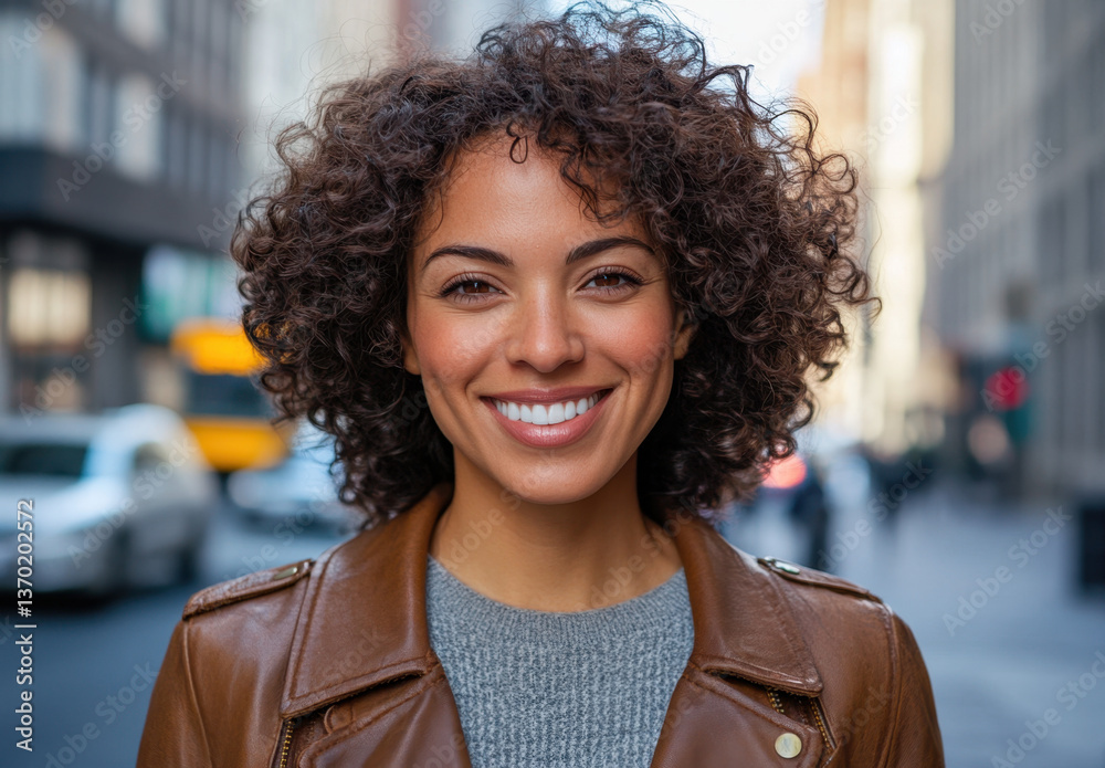 An attractive woman in her late twenties with curly hair enjoys a sunny day in the city. She wears a brown leather jacket and radiates happiness as she strolls along the busy street An attractive woman in her late twenties with curly hair enjoys a sunny day in the city. She wears a brown leather jacket and radiates happiness as she strolls along the busy street