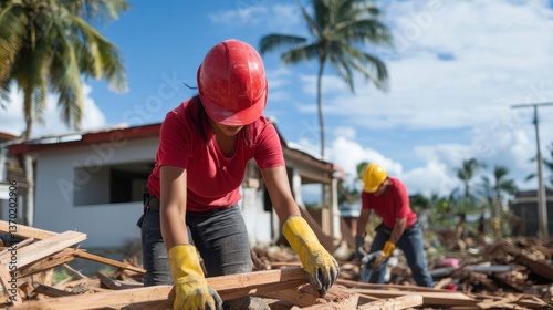 Reconstruction in the Aftermath: Dedicated construction workers in helmets and protective gear rebuild a structure, surrounded by the debris and devastation from a natural disaster.