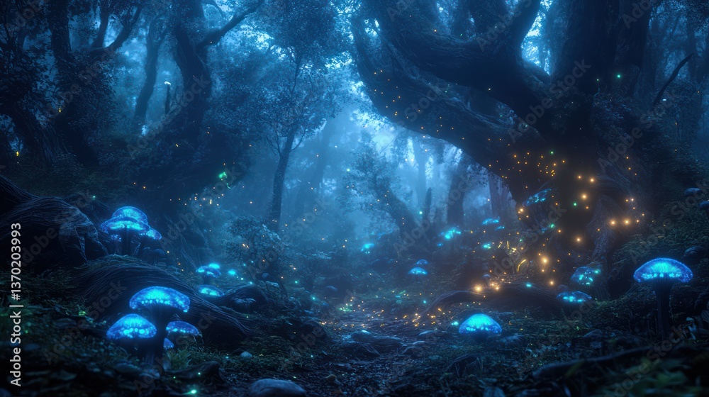 Mystical glowing forest at night Mystical glowing forest at night
