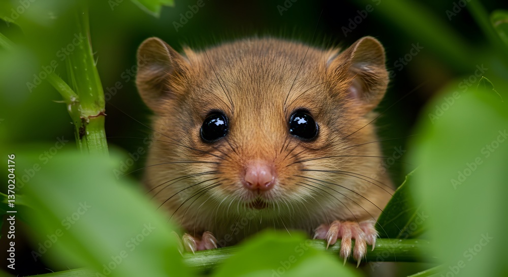 AI image of a charming dormouse peeking through green leaves, with its big, dark eyes capturing attention. AI image of a charming dormouse peeking through green leaves, with its big, dark eyes capturing attention.