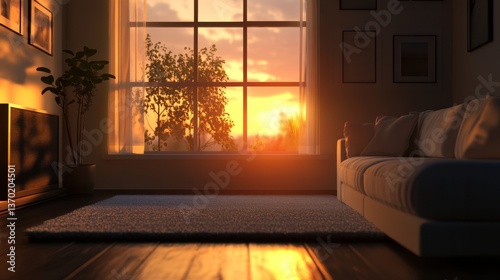 Sunset through window, cozy living room, peaceful scene, interior design photo