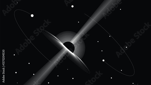 Black hole with disc of plasma eating dying star in space. Supermassive singularity in core off a galaxy, with lines . Event horizon .Vector illustration