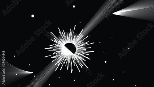 Black hole with disc of plasma eating dying star in space. Supermassive singularity in core off a galaxy, with lines . Event horizon .Vector illustration