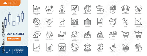 Stock market line editable icon set. Containing stocks, stock exchange, financial goal, shares, investment, bull market, bear market, investment, and more. editable stroke. Vector illustration