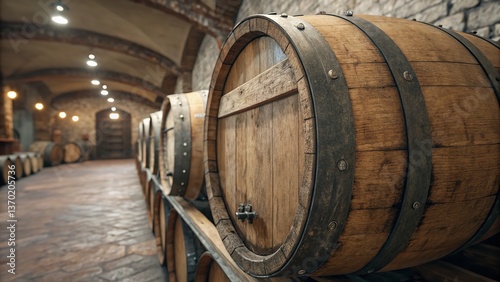 Old oak barrels store red wine in the winery cellar