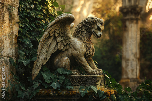 A weathered stone griffin statue, perched atop a moss-covered pedestal, nestled amidst lush ivy.
