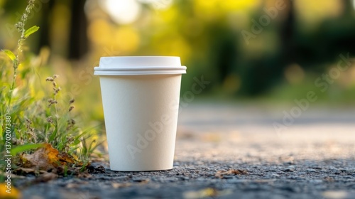 Disposable coffee cup outdoors, autumn park background, ready for mockup photo