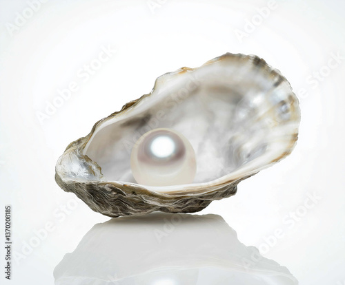 pearl inside an oyster shell, a classic symbol of beauty, rarity, and elegance. It represents the natural process by which pearls are formed within mollusks