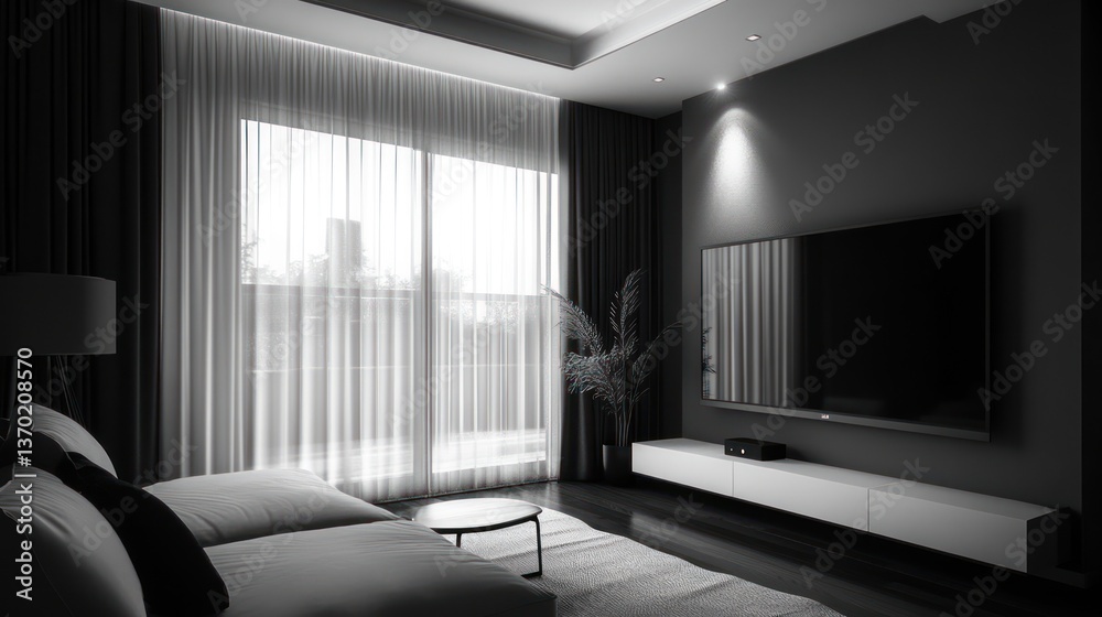 Fototapeta premium Modern living room interior, windows, TV, cozy