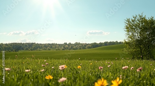 Serene Summer Meadow Landscape Sunny Day with Wildflowers and Distant Trees
