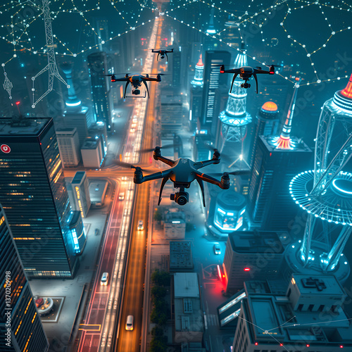 Self-driving car navigating a smart city with glowing sensors and data overlays.
