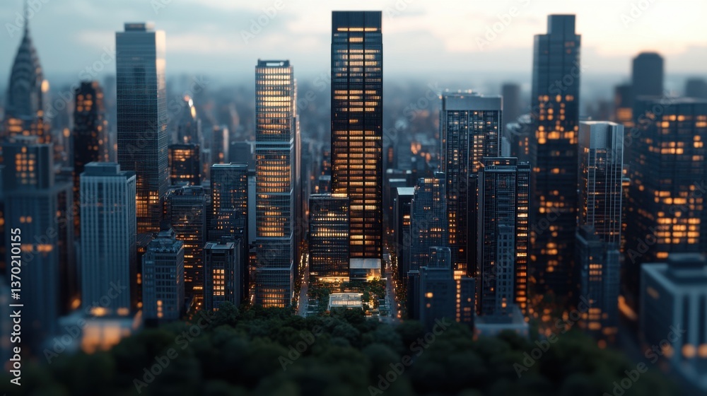 Fototapeta Aerial view of New York City skyline at dusk showcasing illuminated buildings and urban landscape