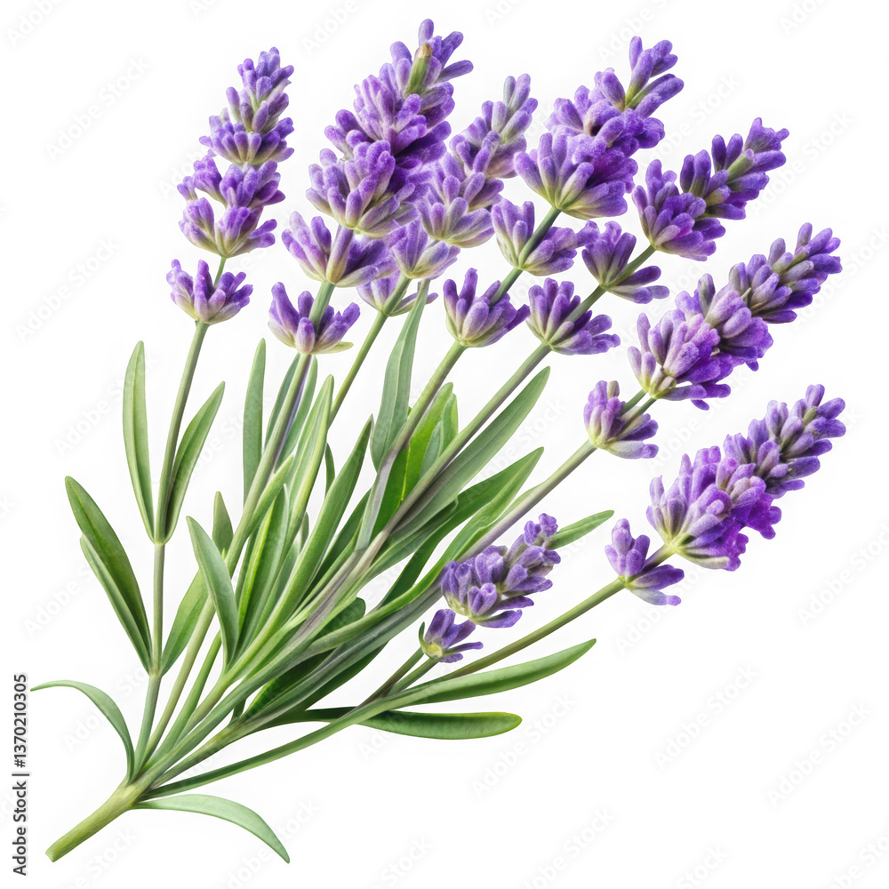 Naklejka premium A beautiful bouquet of fresh lavender flowers, showcasing their vibrant purple color and delicate leaves, evoking a sense of calm and tranquility.