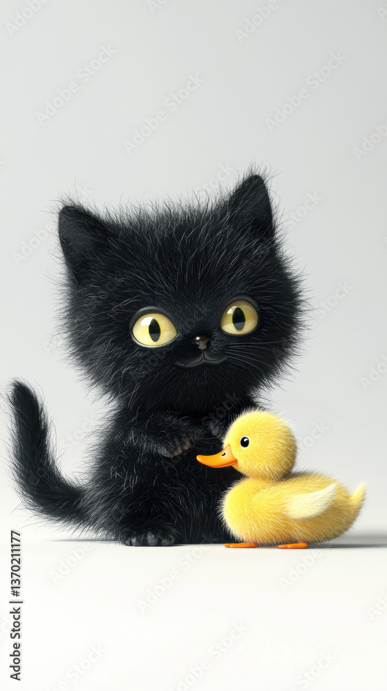 Fototapeta premium Black Kitten with Yellow Duckling
