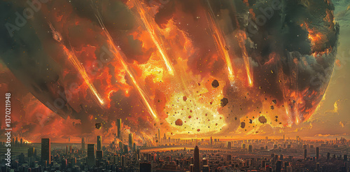 Epic Meteorite Explosion in Fiery Sky Over Futuristic City, Digital Art Sci-Fi Scene at Dusk, Apocalyptic Atmosphere, Creative Illustration Concept for Catastrophe and Disaster Themes