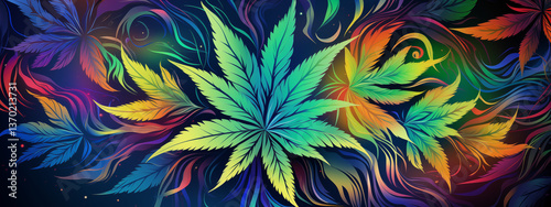 Psychedelic Cannabis Leaves on a Vivid Swirling Background