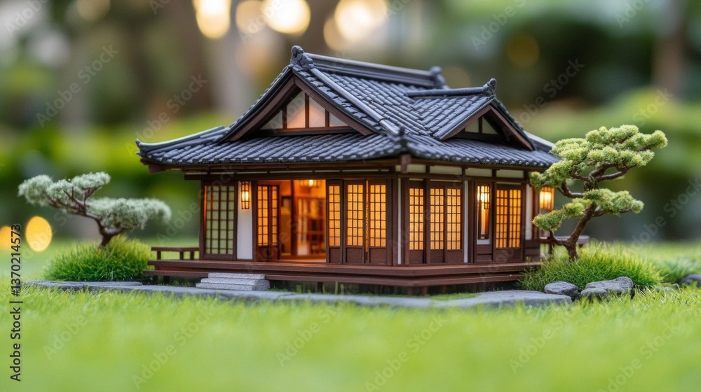 Illuminated Japanese Style Miniature House Model on Grass Illuminated Japanese Style Miniature House Model on Grass