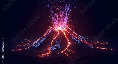 Cybernetic eruption a neon volcano spewing data ash and liquid light streams