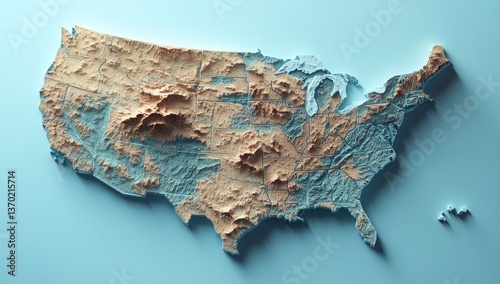 USA Topographic Map, Light Blue Background, 3D Render