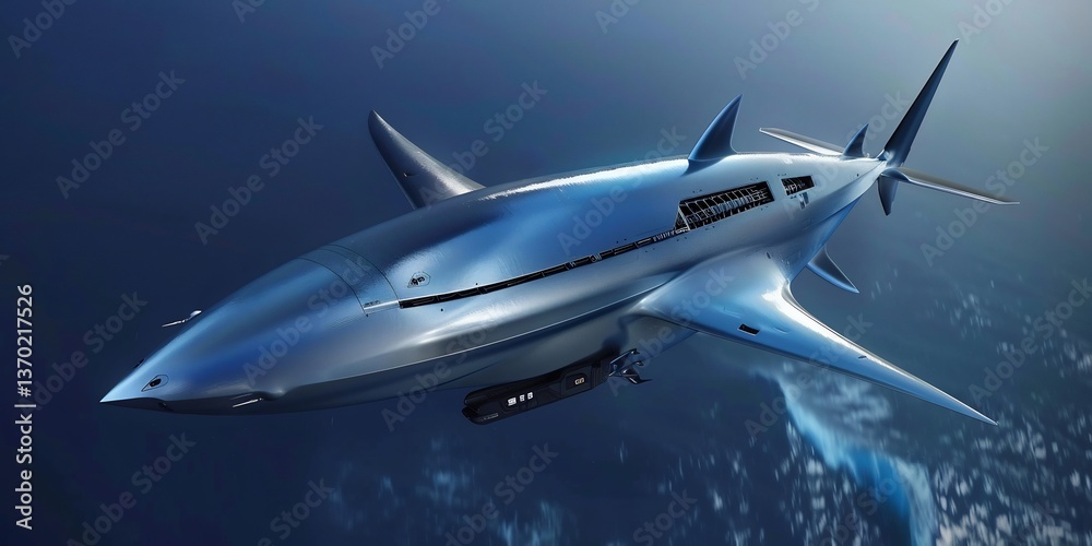 Obraz premium Hypersonic strike drone engineered after relentless speed of blue shark ultra streamlined body slicing through air silent efficiency targeting system replicates predator precise instinct locking onto