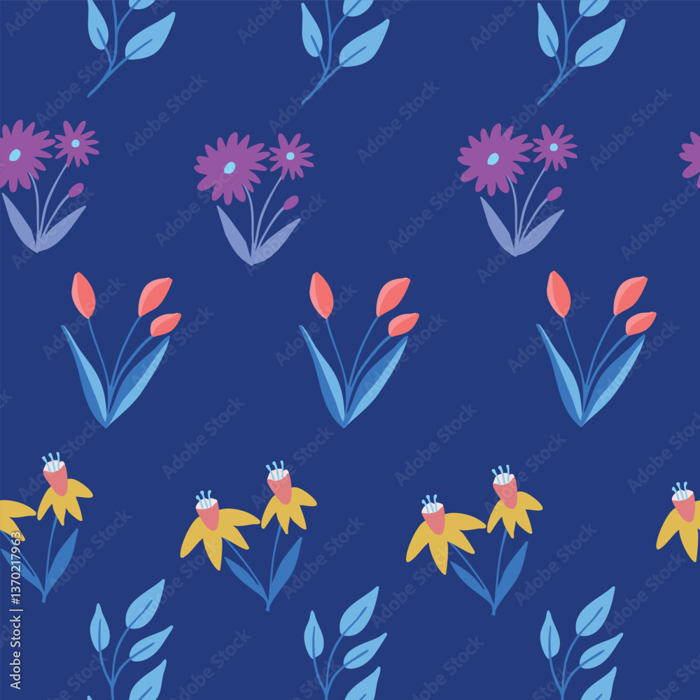 Trendy seamless floral ditsy pattern. Fabric design with simple flowers. Vector cute repeated pattern for baby fabric, wallpaper or wrap paper Trendy seamless floral ditsy pattern. Fabric design with simple flowers. Vector cute repeated pattern for baby fabric, wallpaper or wrap paper