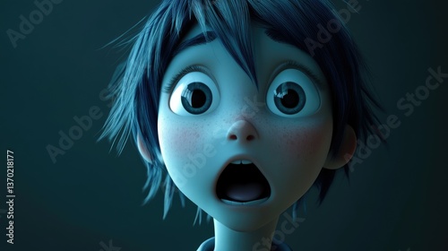 Cartoon Character with Shocked Expression and Blue Hair Close Up