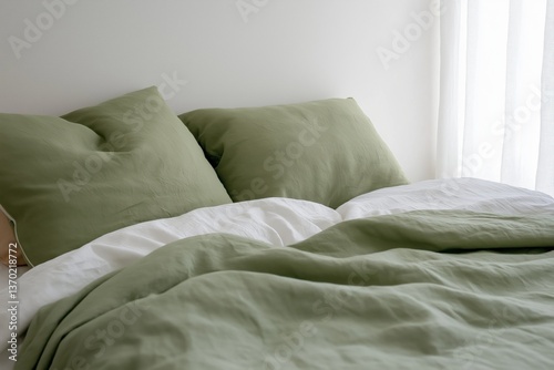 A bed with two green pillows and a green blanket. The pillows are placed on top of the bed, one on the left side and the other on the right side. The blanket is covering the entire bed