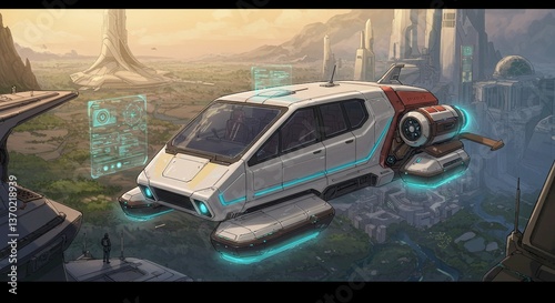 Futuristic Flying Car Hovering Above Cityscape Sci Fi Vehicle