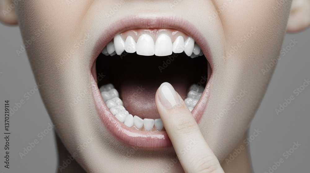 Obraz premium Close-Up of Open Mouth with Healthy Teeth and Finger Pointing Inside
