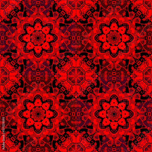 Contrasting seamless red and black ornament with mandalas on a lace background.
