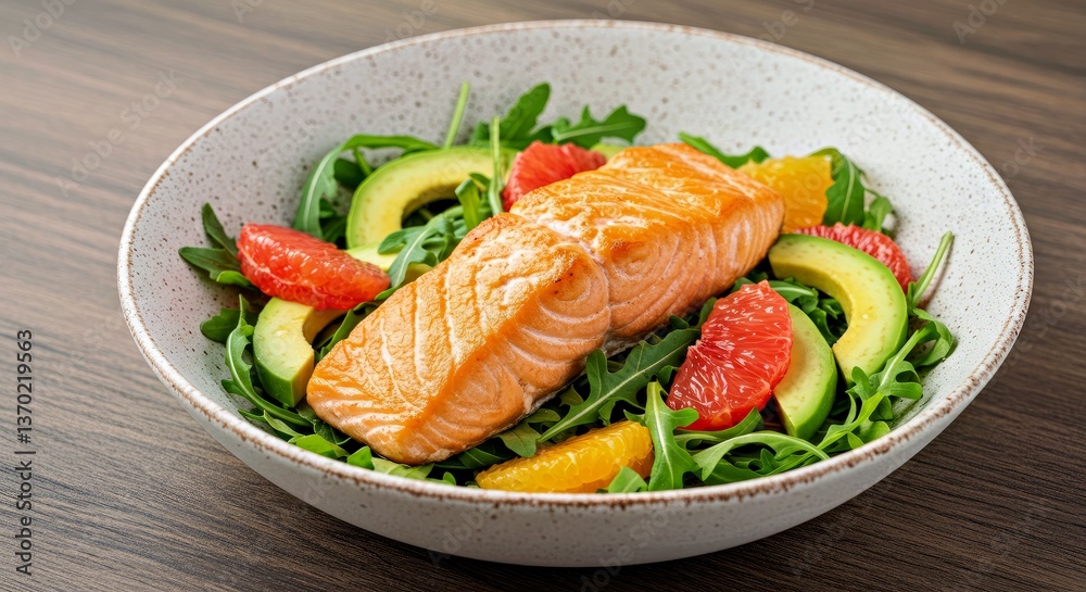 A salmon salad with arugula, avocado, and citrus slices-