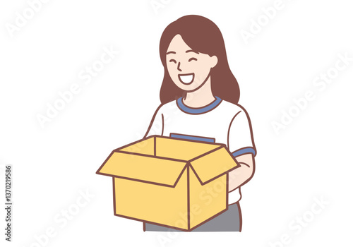 A happy smiling young woman is opening a package at home. Hand drawn style vector design illustrations.