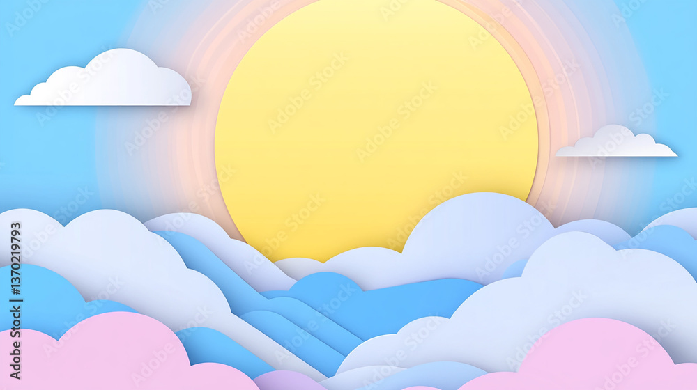 Bright Paper Cut Sun and Clouds. Minimalist 3D Illustration Bright Paper Cut Sun and Clouds. Minimalist 3D Illustration