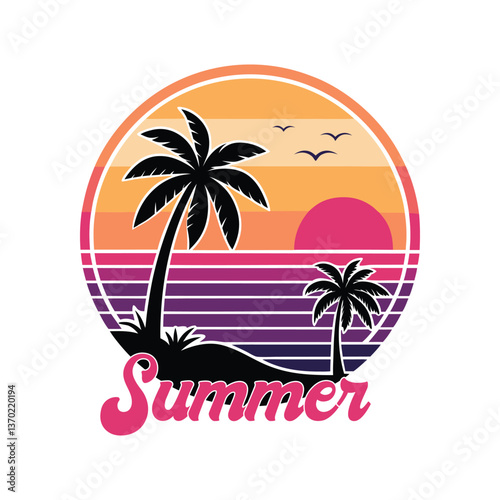 Summer beach and sunset Vector graphic for t shirt and other uses
