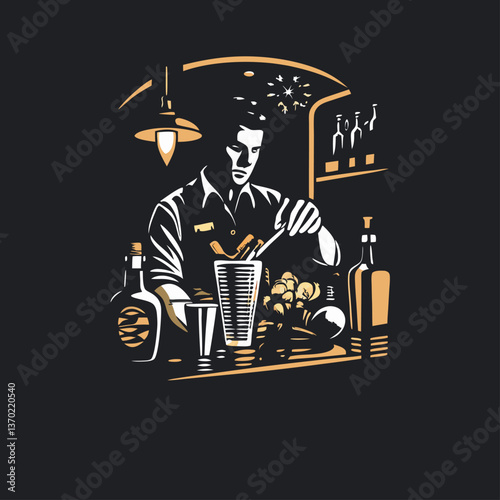 A bartender mixing a cocktail engraved vintage image. Vector illustration.