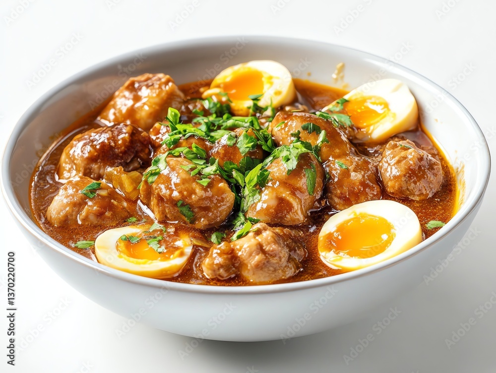 Delicious Braised Pork Balls with Eggs in Bowl Close Up Shot Delicious Braised Pork Balls with Eggs in Bowl Close Up Shot