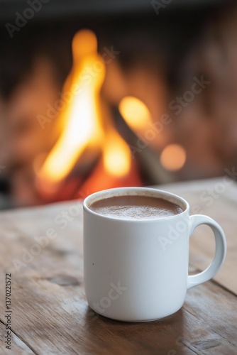 A white coffee mug with a brown liquid in it sits on a wooden table next to a fire. The scene conveys a cozy and warm atmosphere, perfect for enjoying a hot beverage on a chilly day