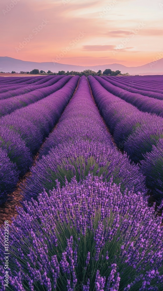 Obraz premium Lavender Field Serenity: A picturesque panorama of lavender fields bathed in the soft hues of a pastel sunset. The lines of vibrant purple blooms stretch toward the horizon.