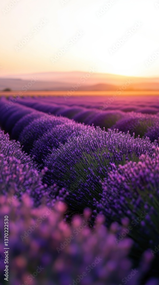 Fototapeta premium Lavender Dreams: Rows of vibrant lavender flowers stretch toward the horizon, bathed in the warm hues of the rising or setting sun, creating a picturesque landscape and a sense of peace.