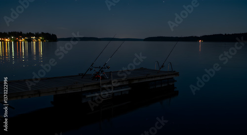 Serene night fishing on a dock with reflections and distant city lights