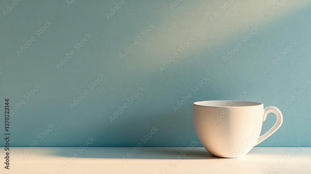 Minimalist Coffee Cup on Table with Blue Wall and Sunlight Beam Minimalist Coffee Cup on Table with Blue Wall and Sunlight Beam